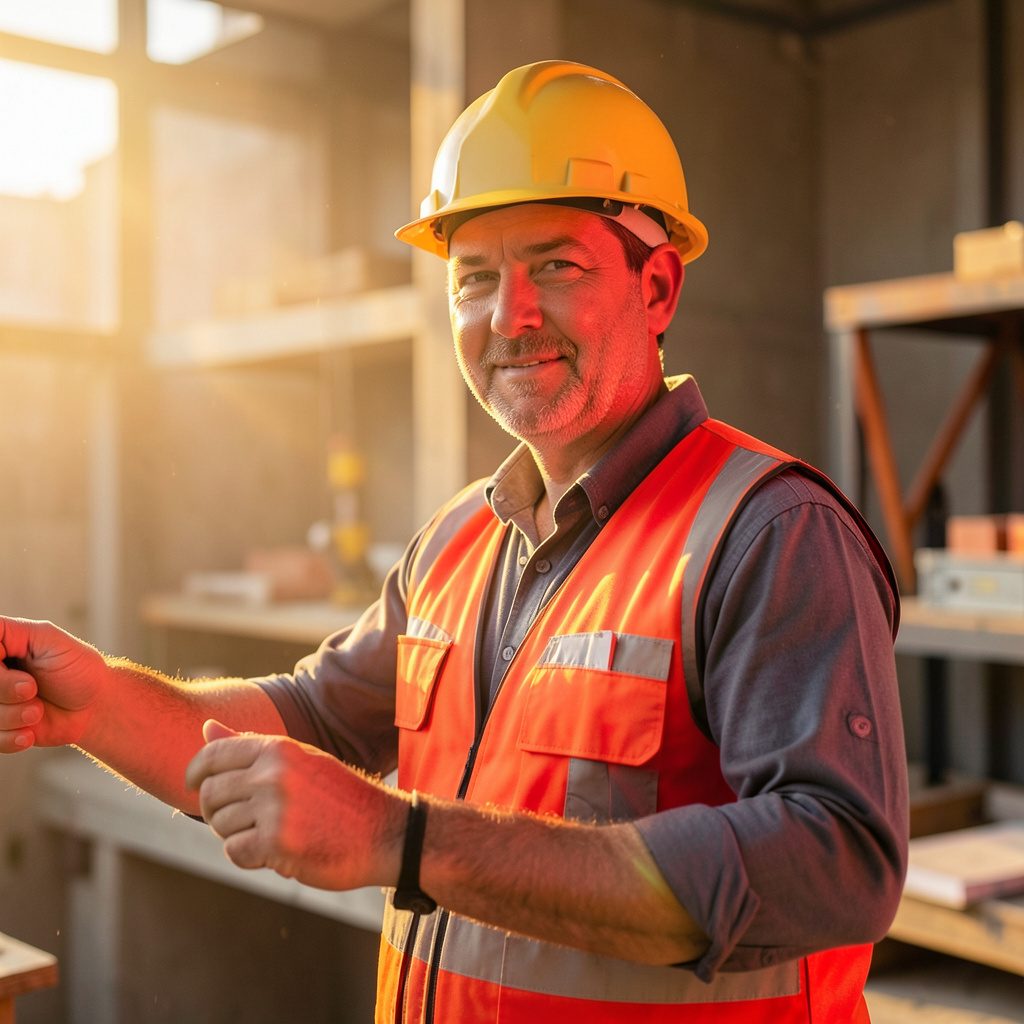 A construction manager reviewing site plans outdoors in warm golden-hour light, wearing a hard hat and safety vest, with earthmoving equipment visible in the background