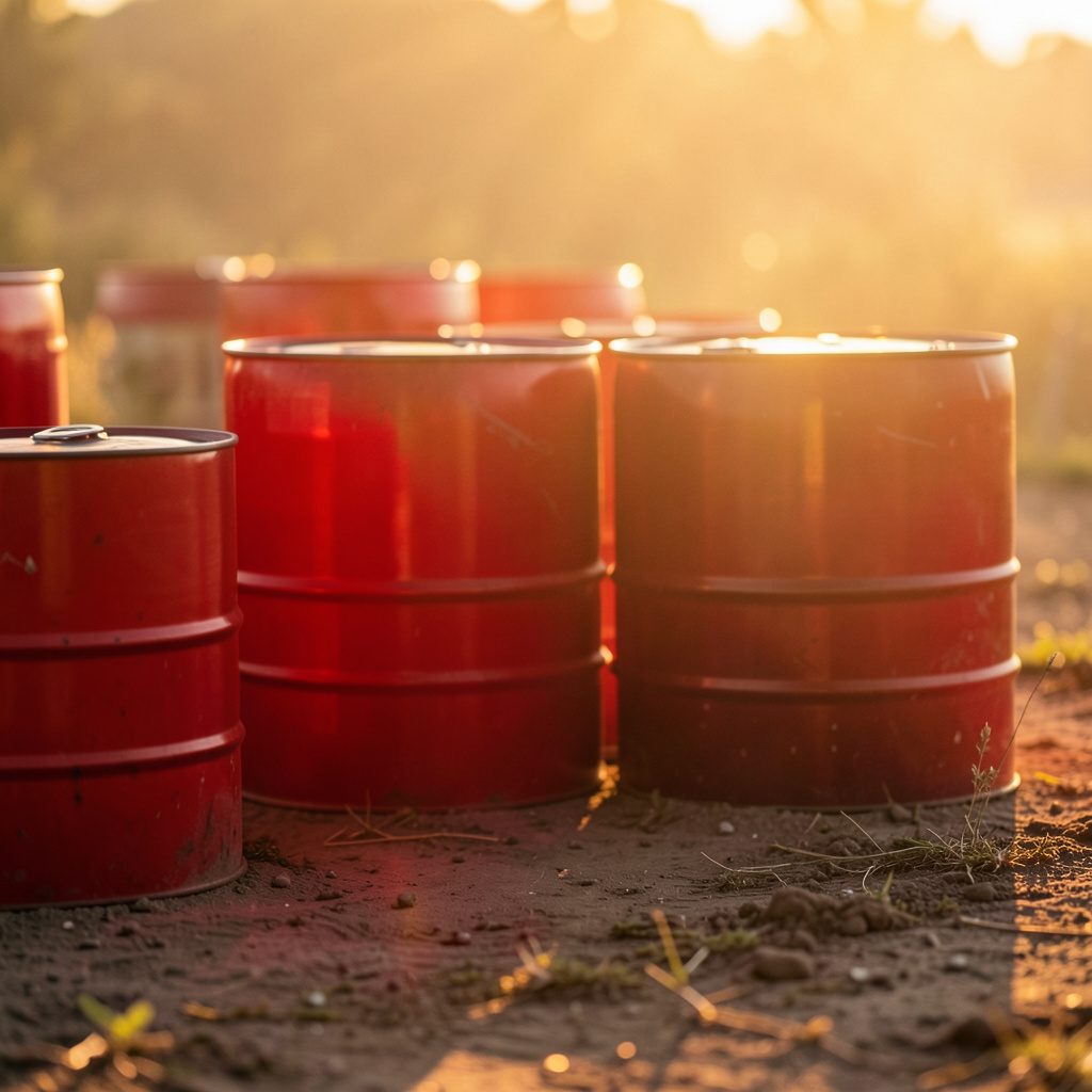 Industrial drums staged on a graded site under a soft amber sky, suggesting an environmental assessment field