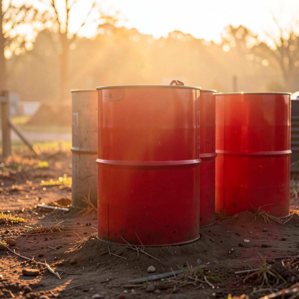 Industrial storage drums and weathered equipment at a brownfield site under warm golden-hour light, conveying groundwater assessment and site characterization.